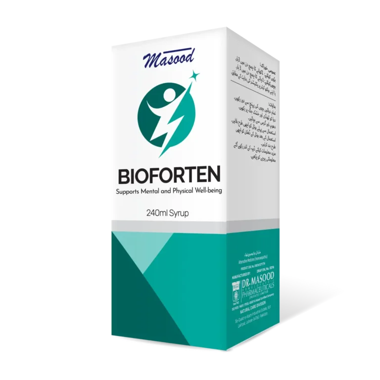 BIOFORTEN Syrup

Packing :- 240 ML

Made by MASOOD Pharma
It is helpful for nervous exhaustion, physical weakness, irritability, and anxiety.
Useful for general weakness and sleep disturbances